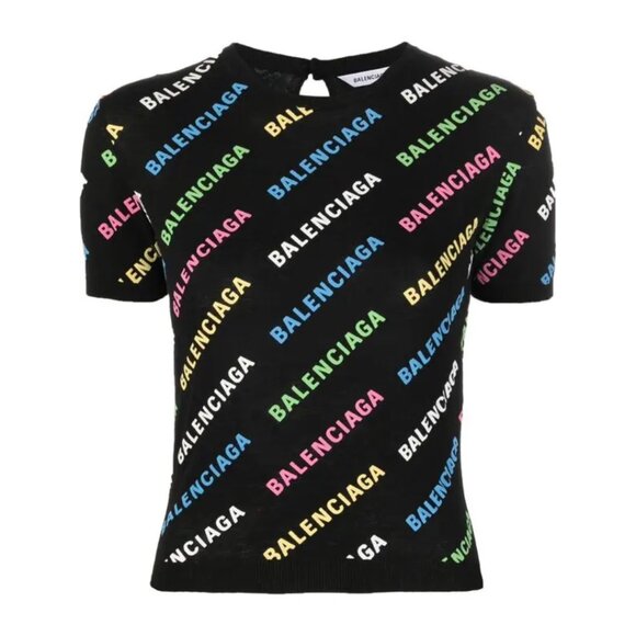 NWT Balenciaga Crop Sweater Cotton Puff Ink Knit Black Multicolor Logo Print - Picture 1 of 11